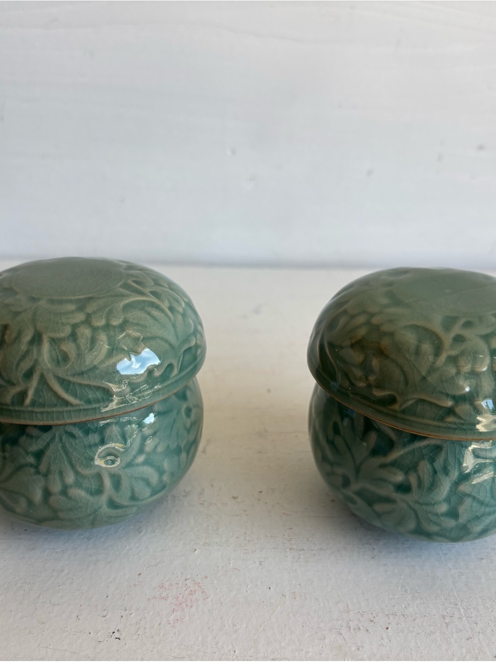 Celadon Green Embossed Ceramic Lidded tea infusers - Pair like new